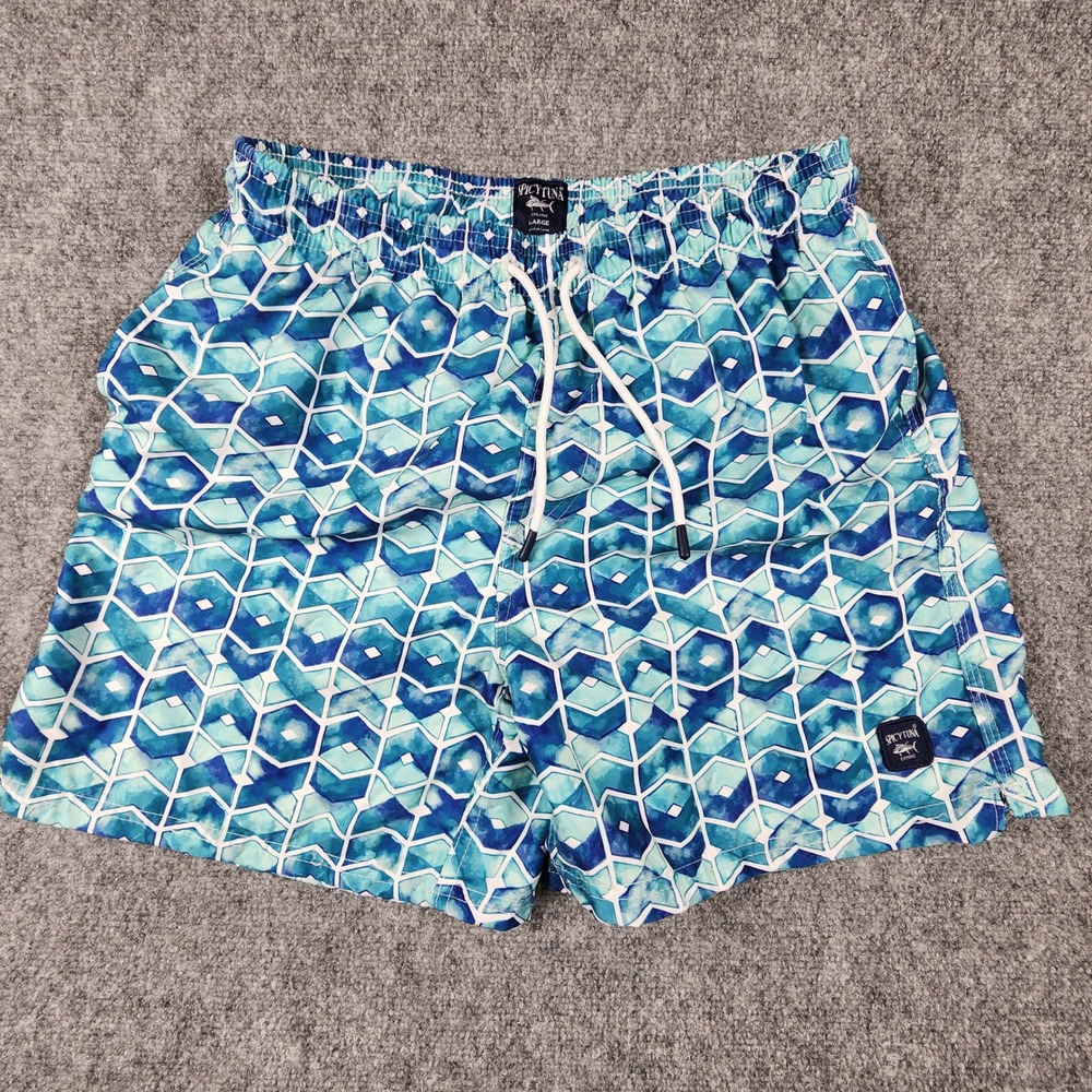 Spicy Tuna Mens Blue Geometric Honeycomb Swim Trunks Board Shorts Size Large
